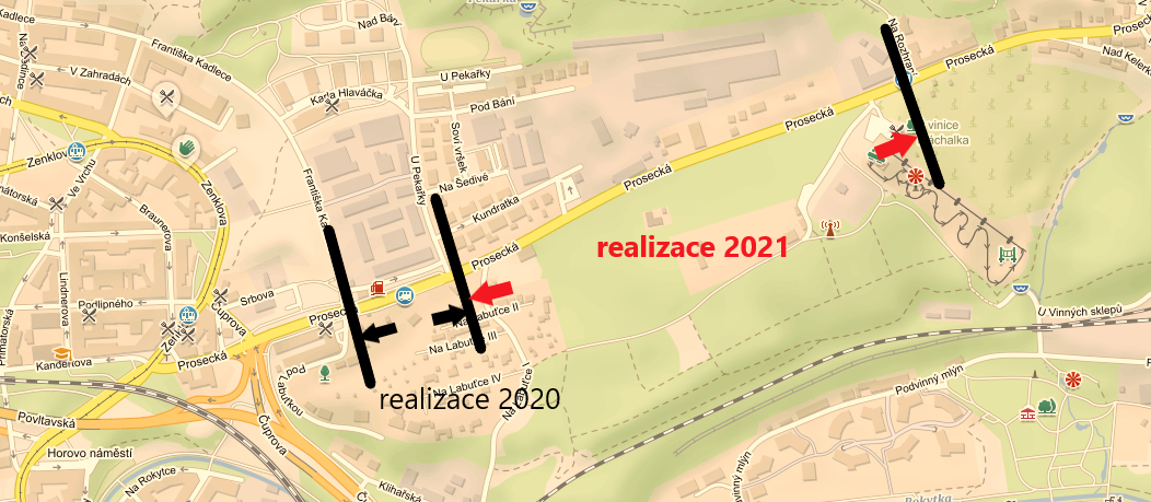 Mapa s vyznačením úseku rekonstrukce komunikace Prosecká