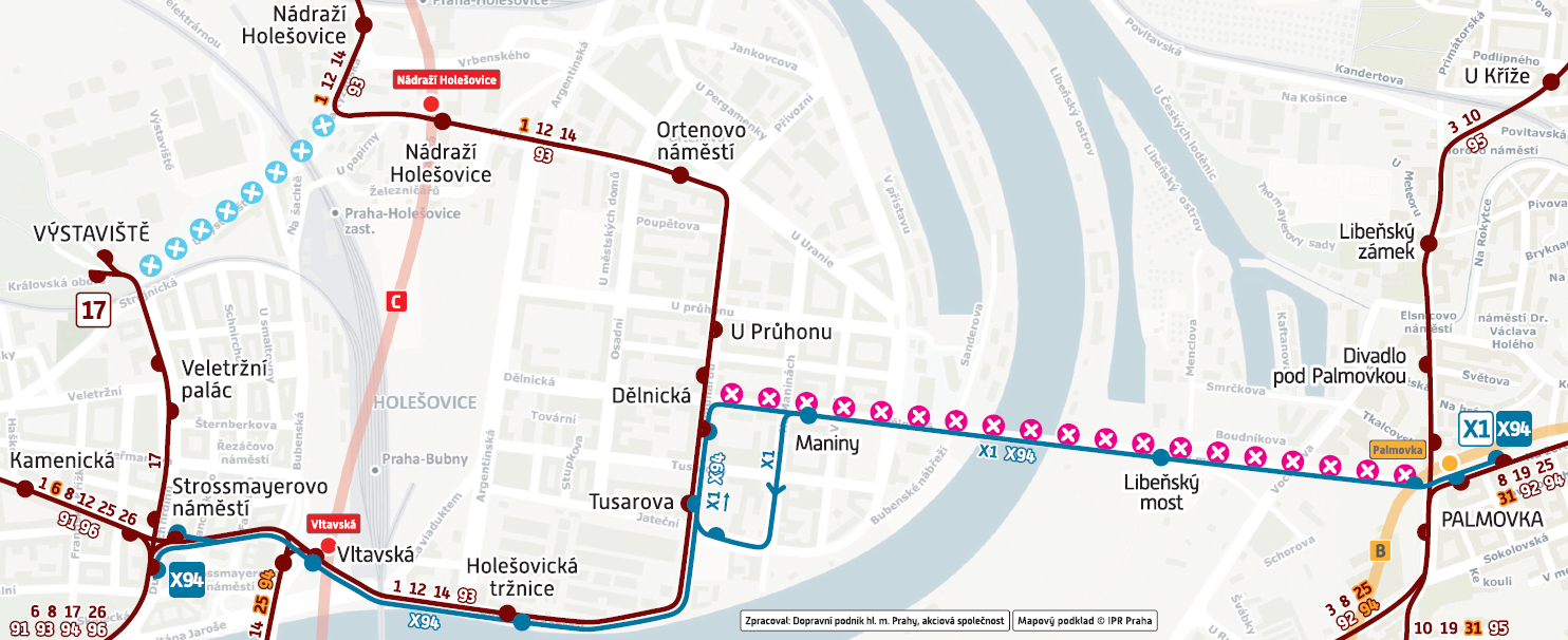 Mapa s vyznačením úseku výluky tramvají