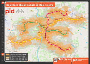 Dojezdové oblasti na kole od stanic metra