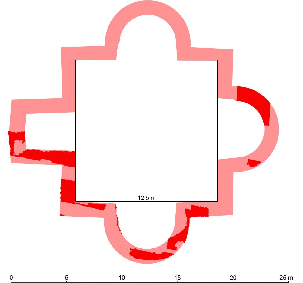 Vyšehrad. Půdorysná rekonstrukce předrománského kostela. Červeně vyznačeny nalezené úseky zdiva. Autor L. Varadzin.