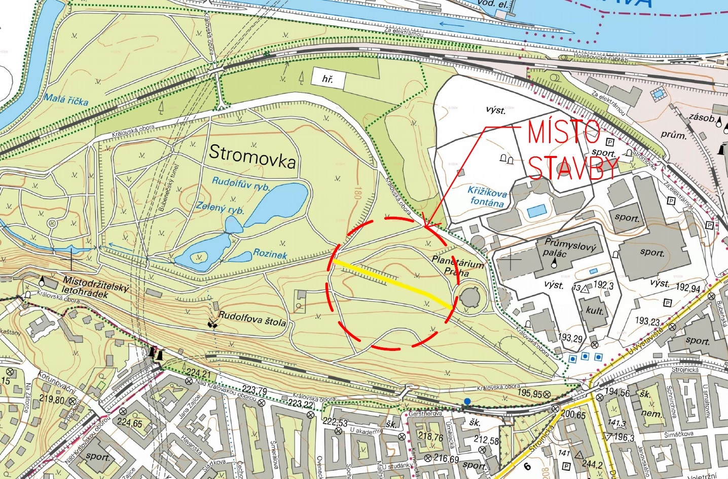 Obnova komunikace v úseku od Planetária po hlavní komunikaci , situace v místě stavby