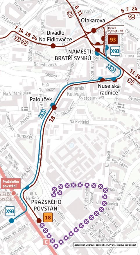 V úseku Pražského povstání – Vozovna Pankrác nejezdí tramvaje