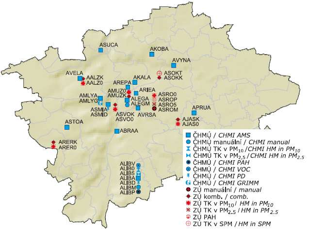 Obr. Staniční síť sledování kvality ovzduší, Praha, 2010